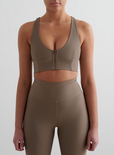 Nougat Ribbed Performance Zipped Bra